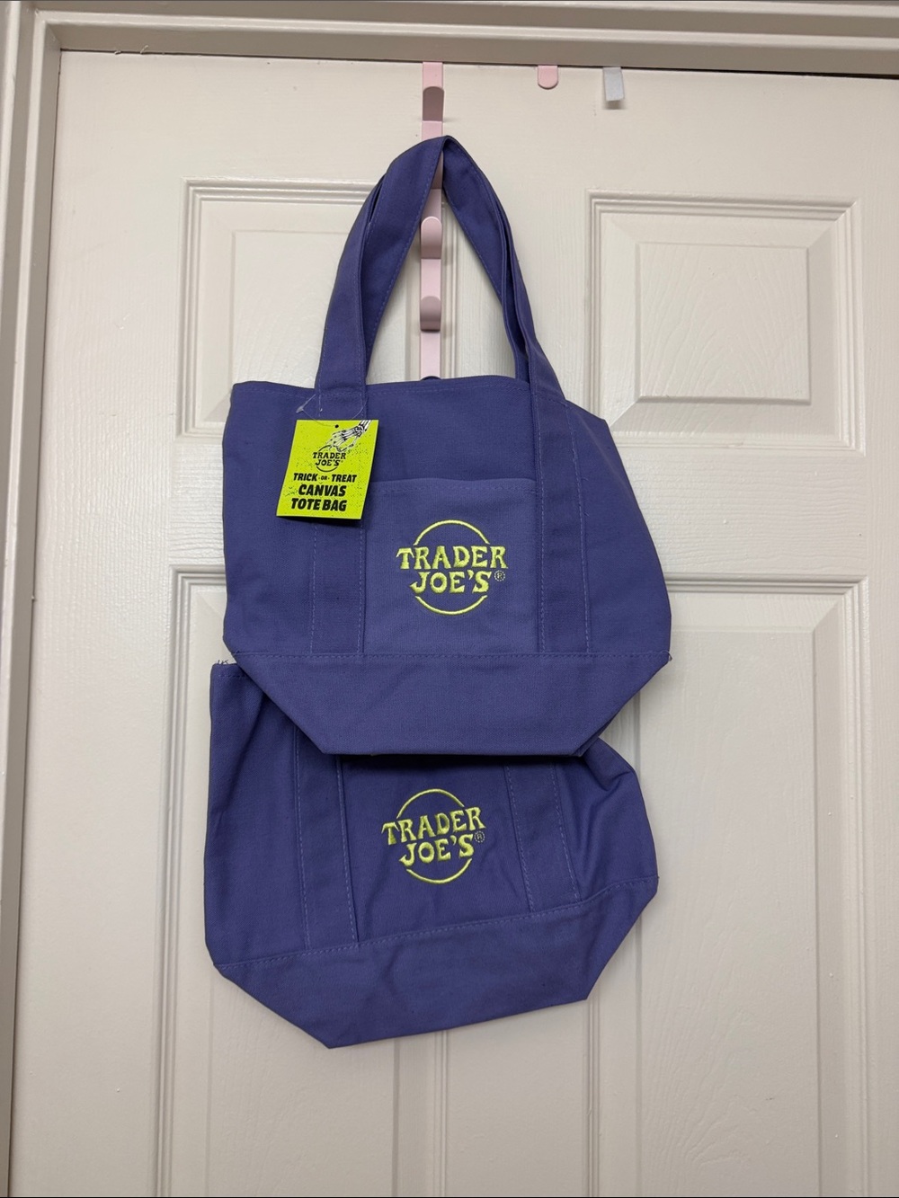 Trader Joe's Purple Canvas Tote Bag with Yellow Logo (Set of 2)
